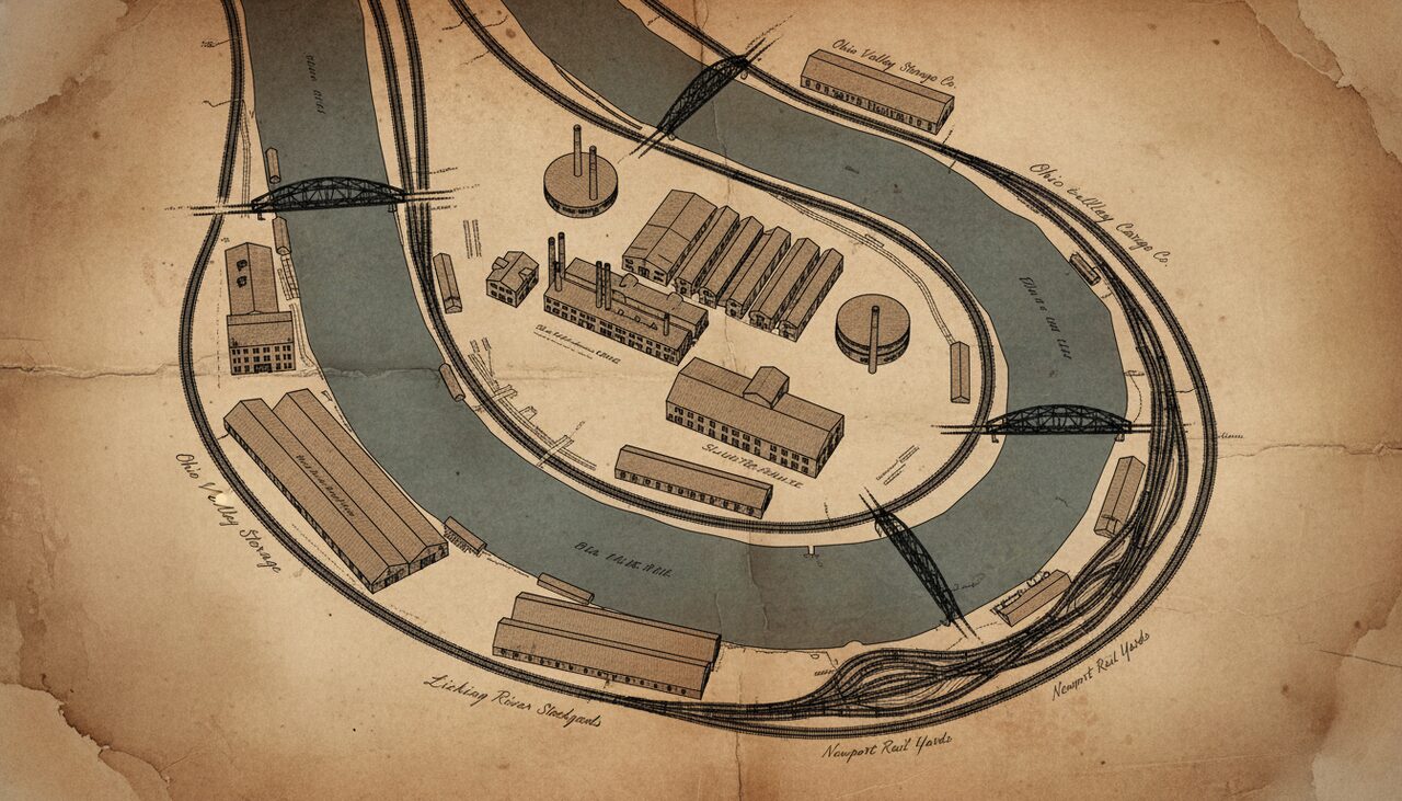 A weathered map of the Licking River corridor: rail lines, a slaughterhouse footprint, warehouses labeled in faded ink.