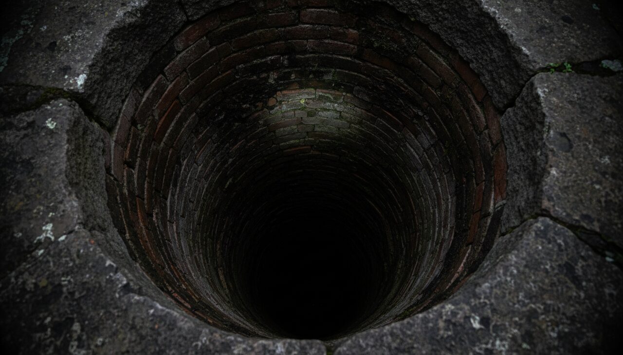 A stone well shaft photographed from above, looking down into the dark. Old brick lining, moisture on the walls.
