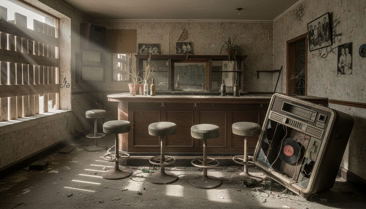 The interior between owners: a dusty counter, overturned stools, a broken jukebox, daylight through a boarded window.