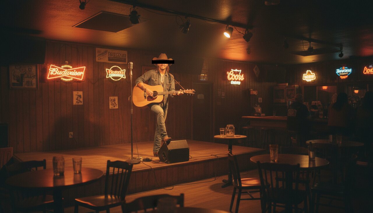 Bobby Mackey on a small wooden stage, guitar in hand. He wanted somewhere to play. The building came with a basement.