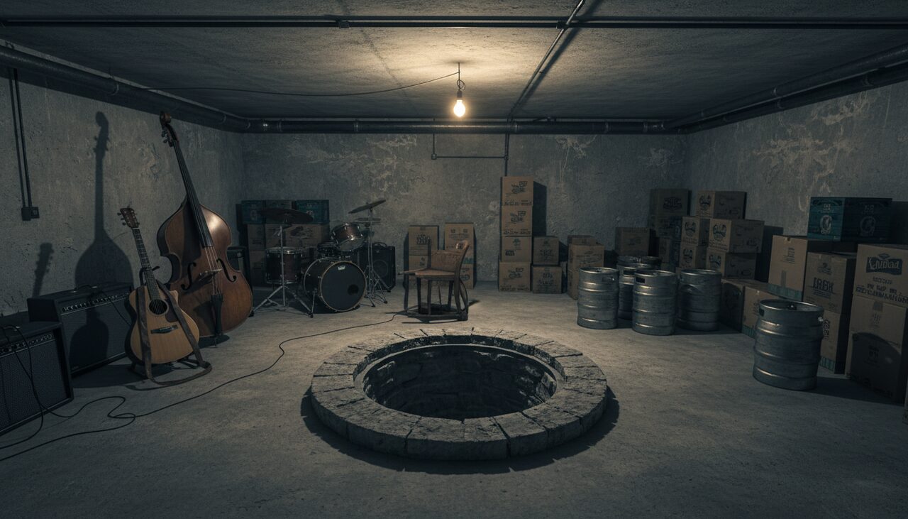 The basement near the well: liquor boxes, kegs, a stone lip in the floor, an overturned chair. The exorcism happened here.