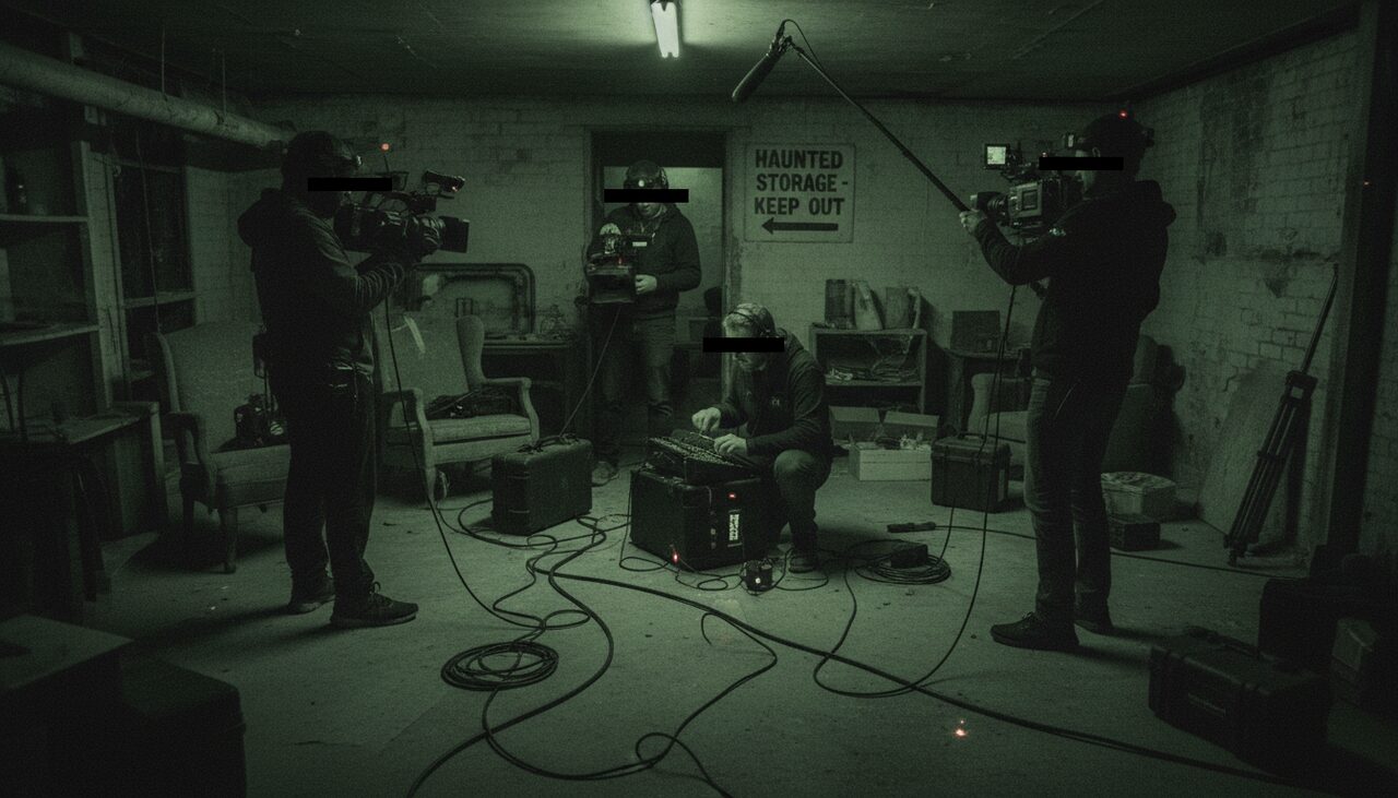 A television crew filming the basement on night-vision cameras. The mundane reality of ghost hunting as a production.