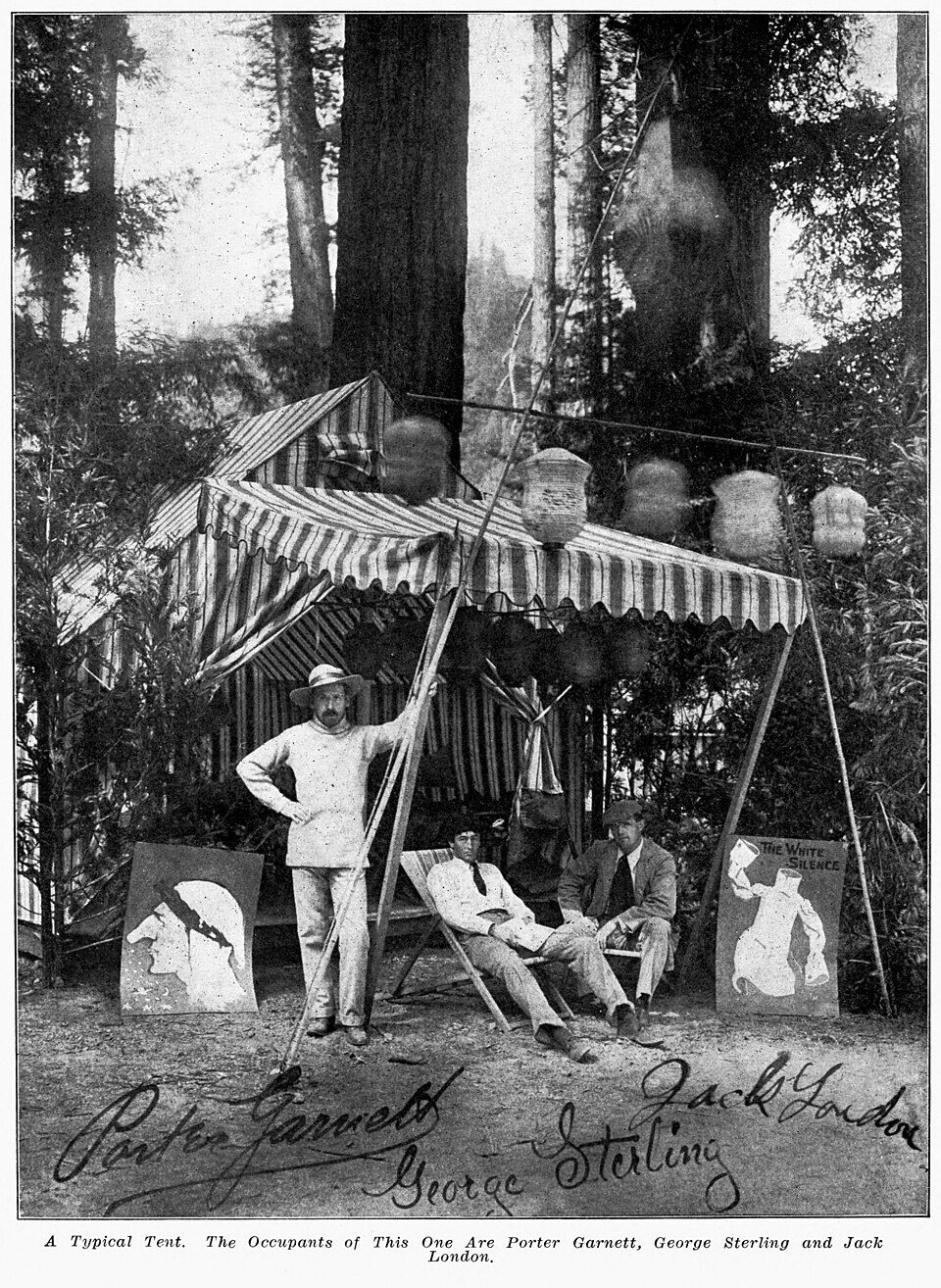 A Grove camp around 1905. Among the tents that year: the writers Jack London, George Sterling, and Porter Garnett. The artists came first. The bankers came later. (The Pacific Monthly, 1907)