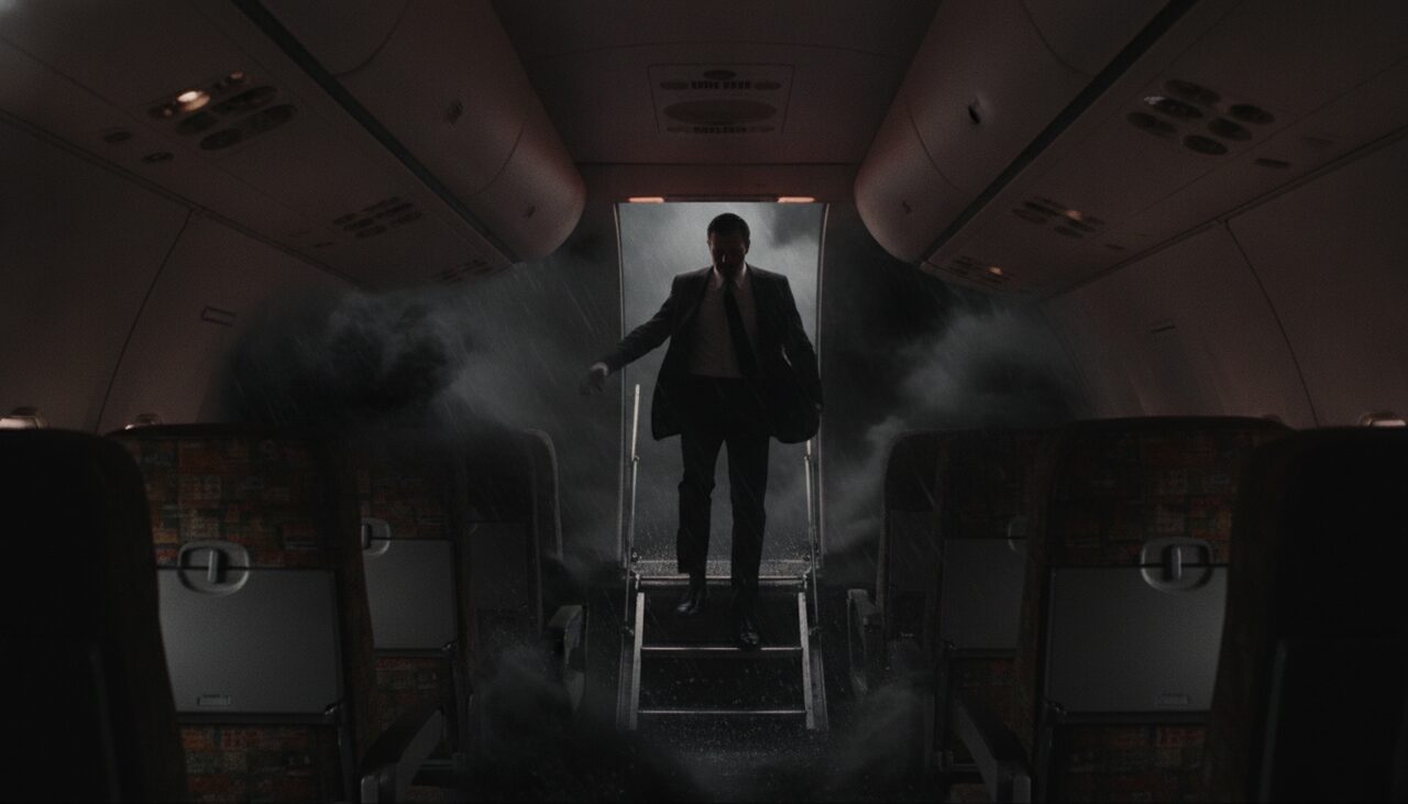 A dark suit and a thin tie at the top of the airstairs, and then the black beyond it. The last anyone saw of him.