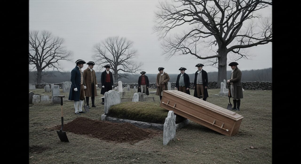 An exhumation in a winter burial ground: coffin open, shovels in the dirt, witnesses present.