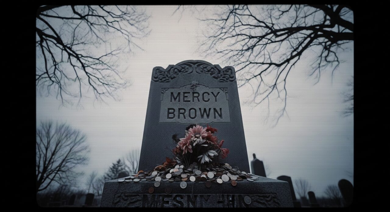 Mercy Brown's headstone, with coins and flowers left at the base.