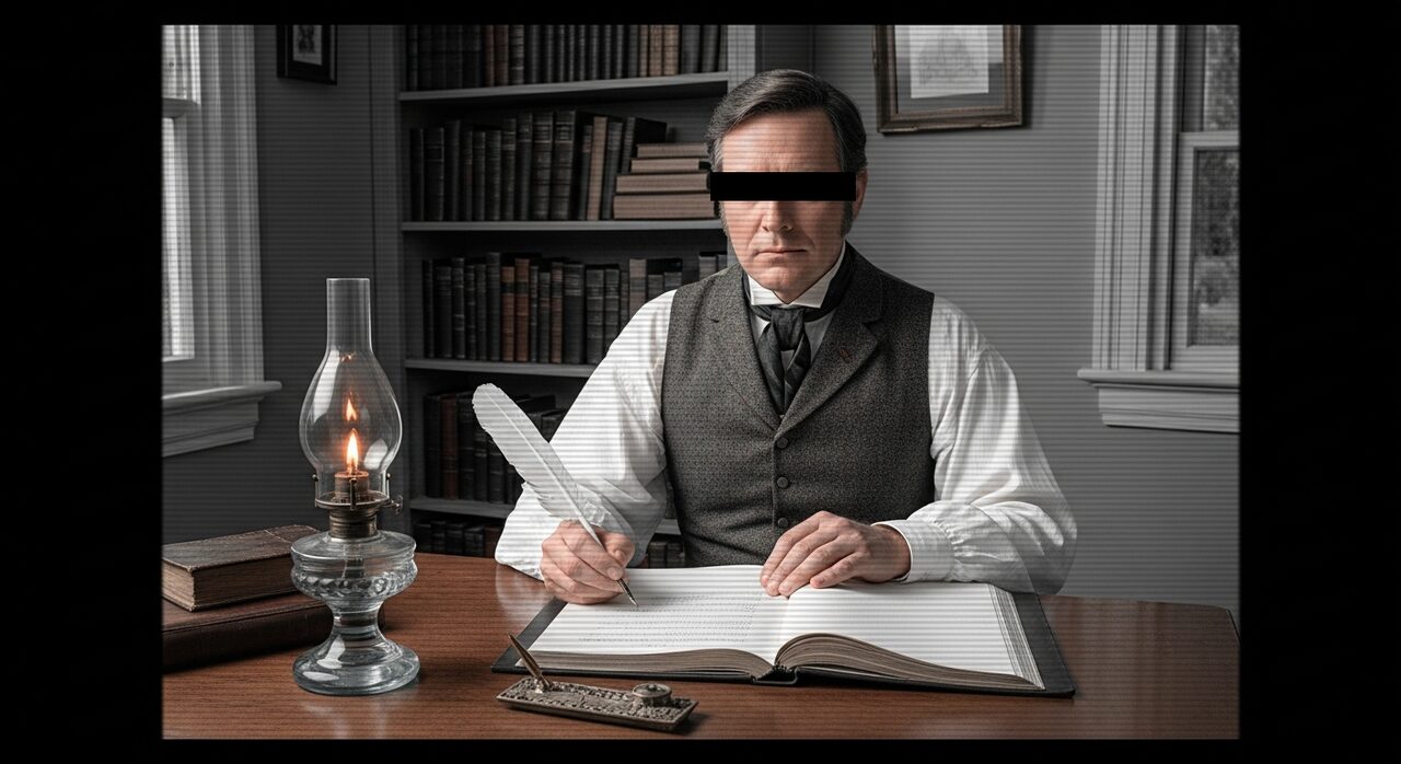 A man writes in his journal by lamplight. Thoreau read about a case like this and was disturbed.