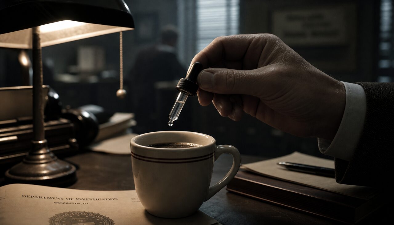 A dropper over a coffee cup. The defining method of the program, demonstrated.