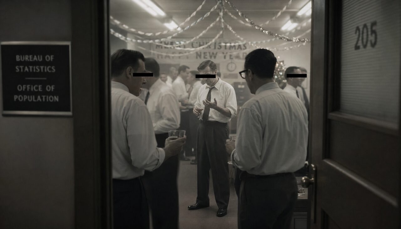 An office Christmas party, late 1950s. Somewhere in this room, the coffee is not only coffee.