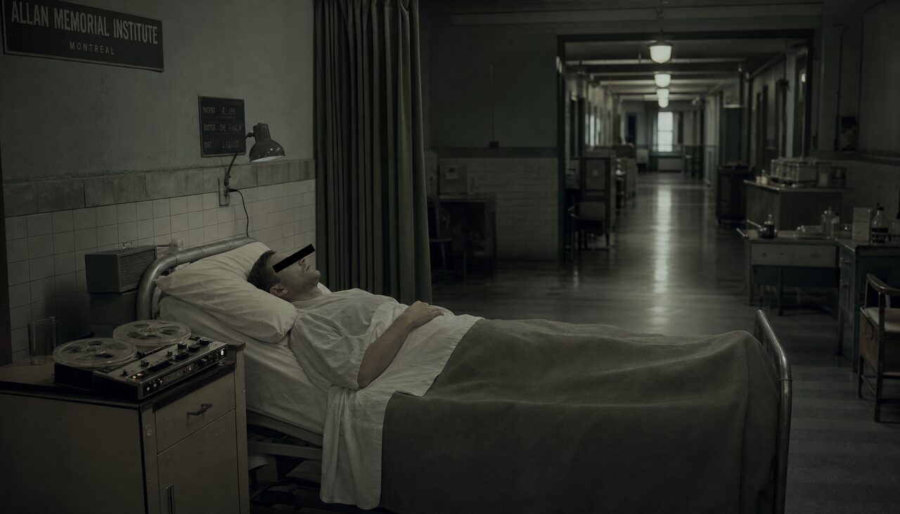 The ward at the Allan Memorial Institute. A speaker under the pillow, a tape reel turning, a patient who came in for anxiety.