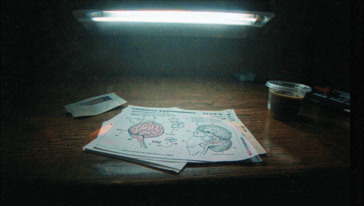 A medical file open under fluorescent light, brain diagrams visible, a half-finished cup of coffee. The mechanics are well documented.