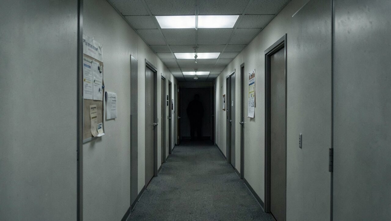 An ordinary corporate hallway, fire extinguisher and bulletin board, and a dark figure at the far end near a doorway. Two in the afternoon.