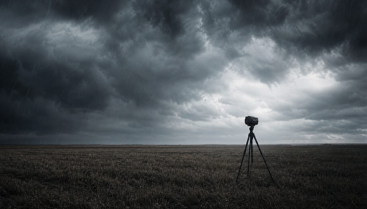 A weather camera on a tripod, aimed at an empty field. The standard equipment for studying something that refuses to make appointments.