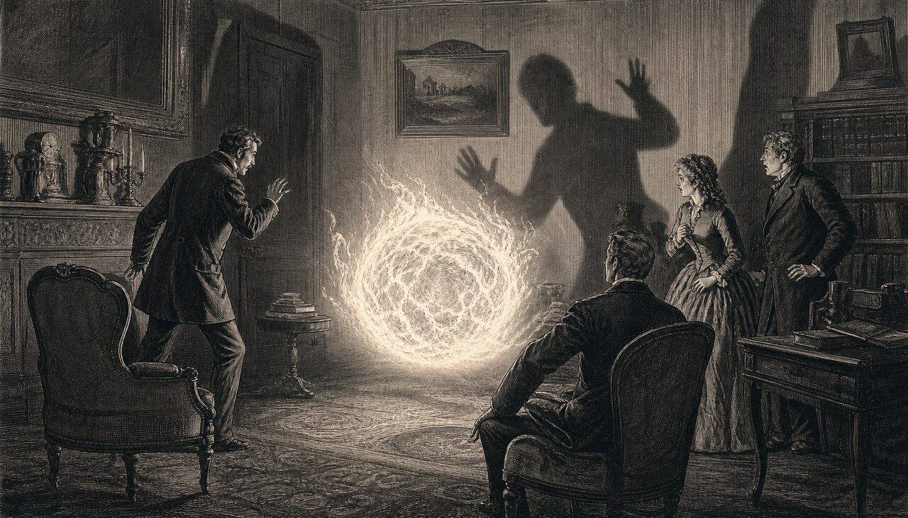 A nineteenth-century room with a ball of fire in it, rendered in the engraving style of the period. The furniture is startled. The witnesses were not believed.