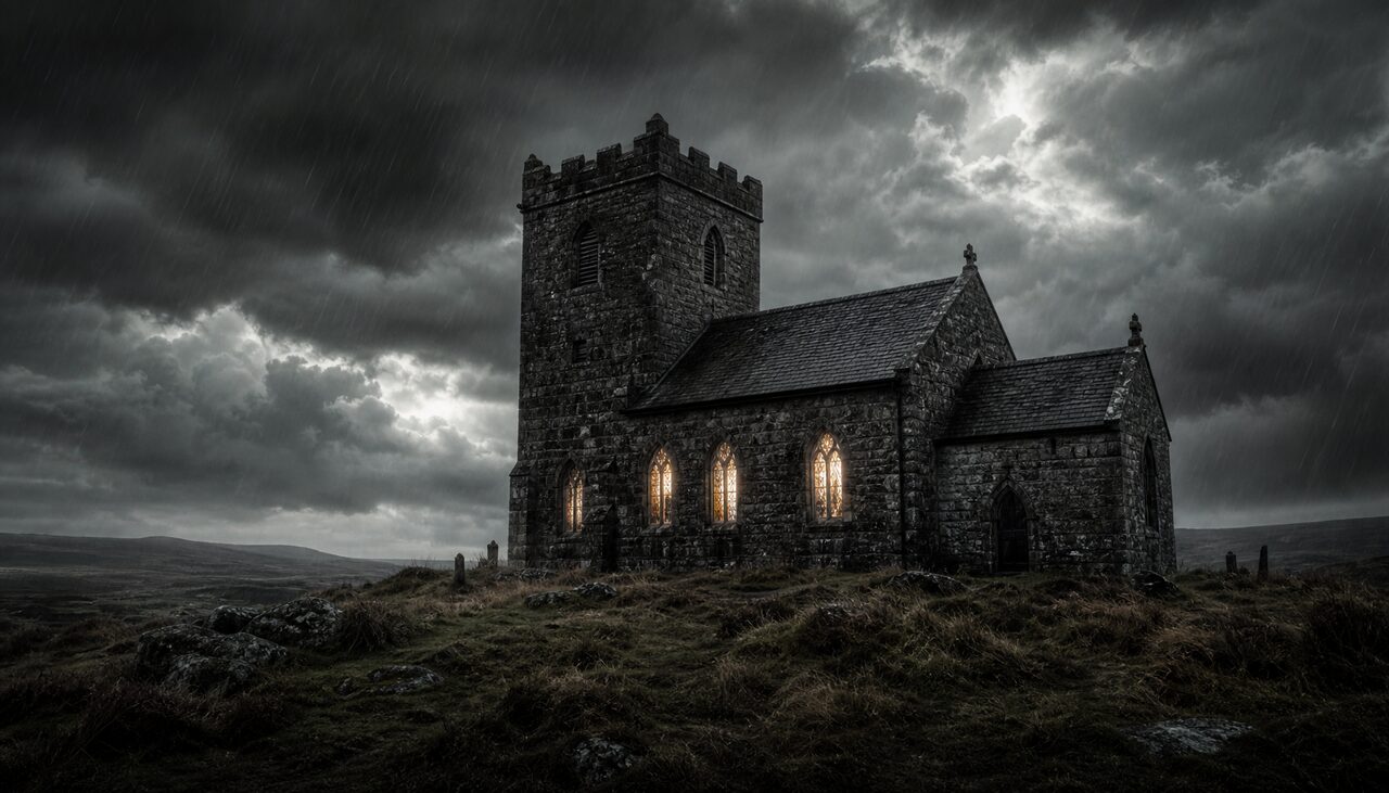 A stone church on a bleak moor under a savage sky, a glow showing through the windows. The locals named the visitor. They named it the Devil.