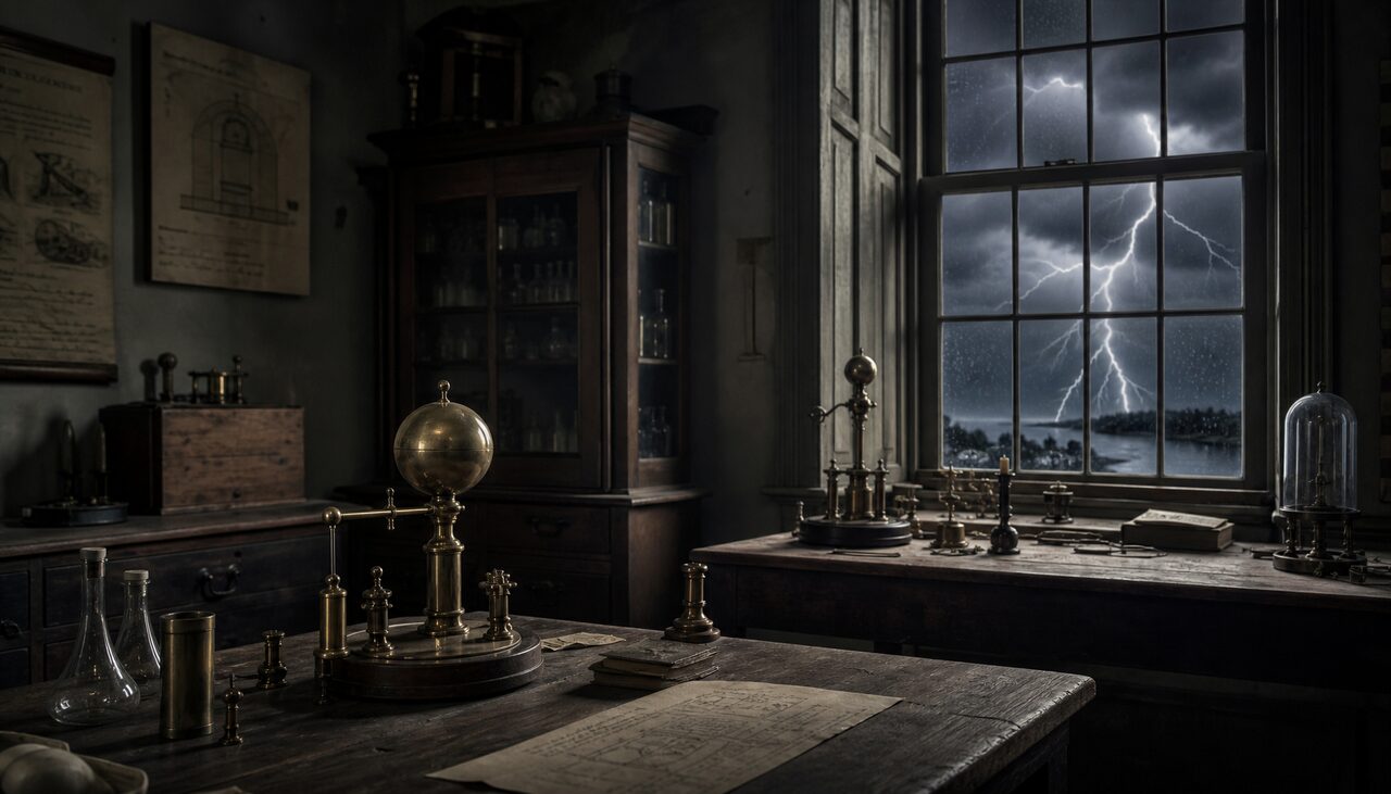 An eighteenth-century laboratory with brass apparatus by the window, a storm outside, the room empty. The experiment ended badly, and is still cited.