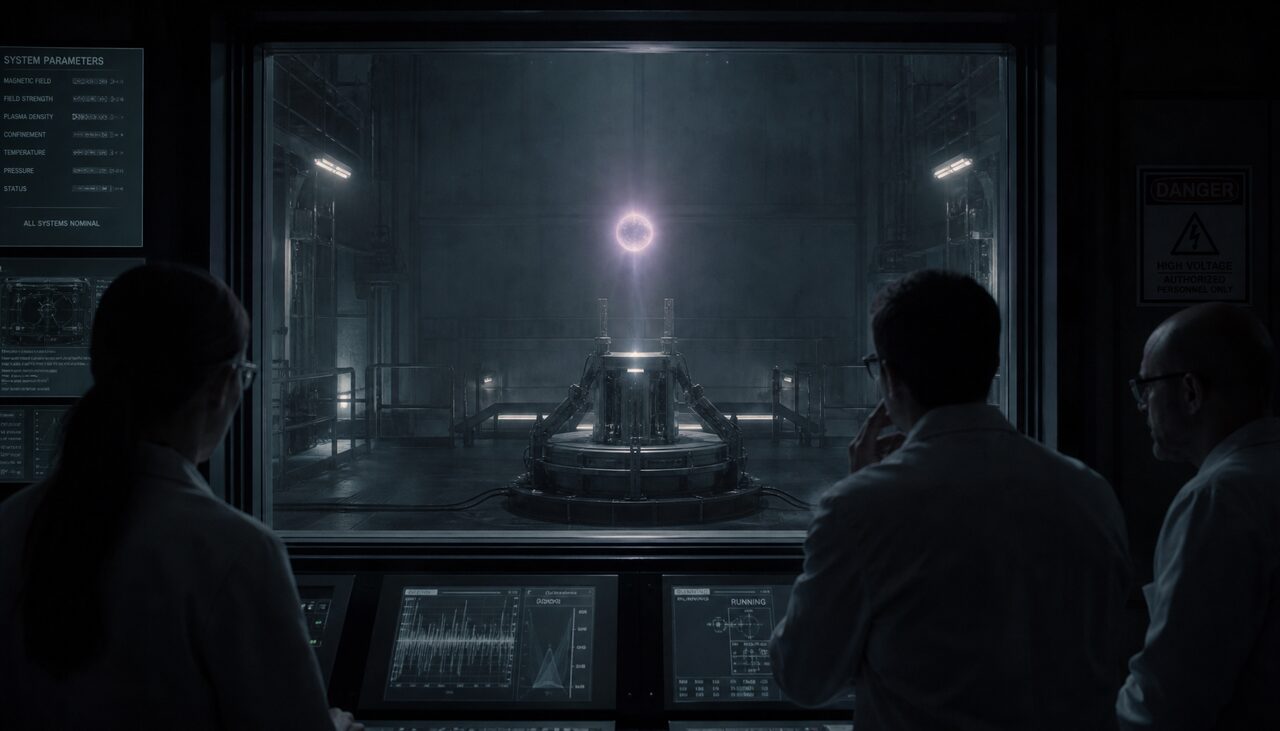 A laboratory plasma rig producing a small floating ball of light, observers behind safety glass. A forgery, made in earnest, to study a thing that won't sit still.