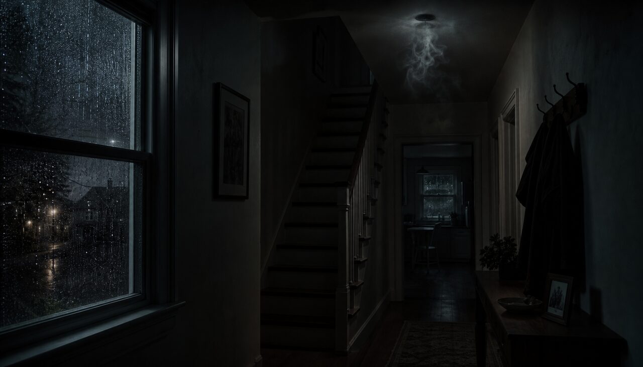 A quiet hallway after a storm, a wisp of vapor where a light has just vanished, the window still wet. The visit is over. The receipt is the smell.