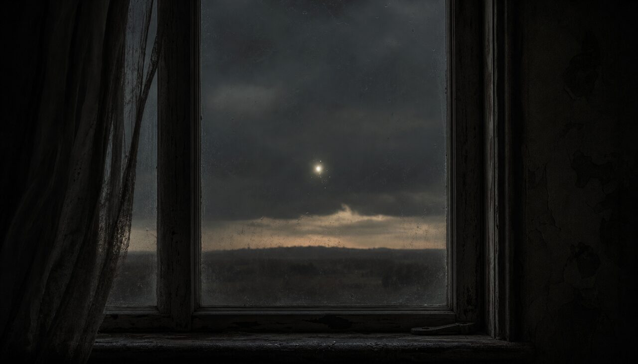 A single orb in a dark window frame against a fading storm, about to go. The last of the evidence, letting itself out.