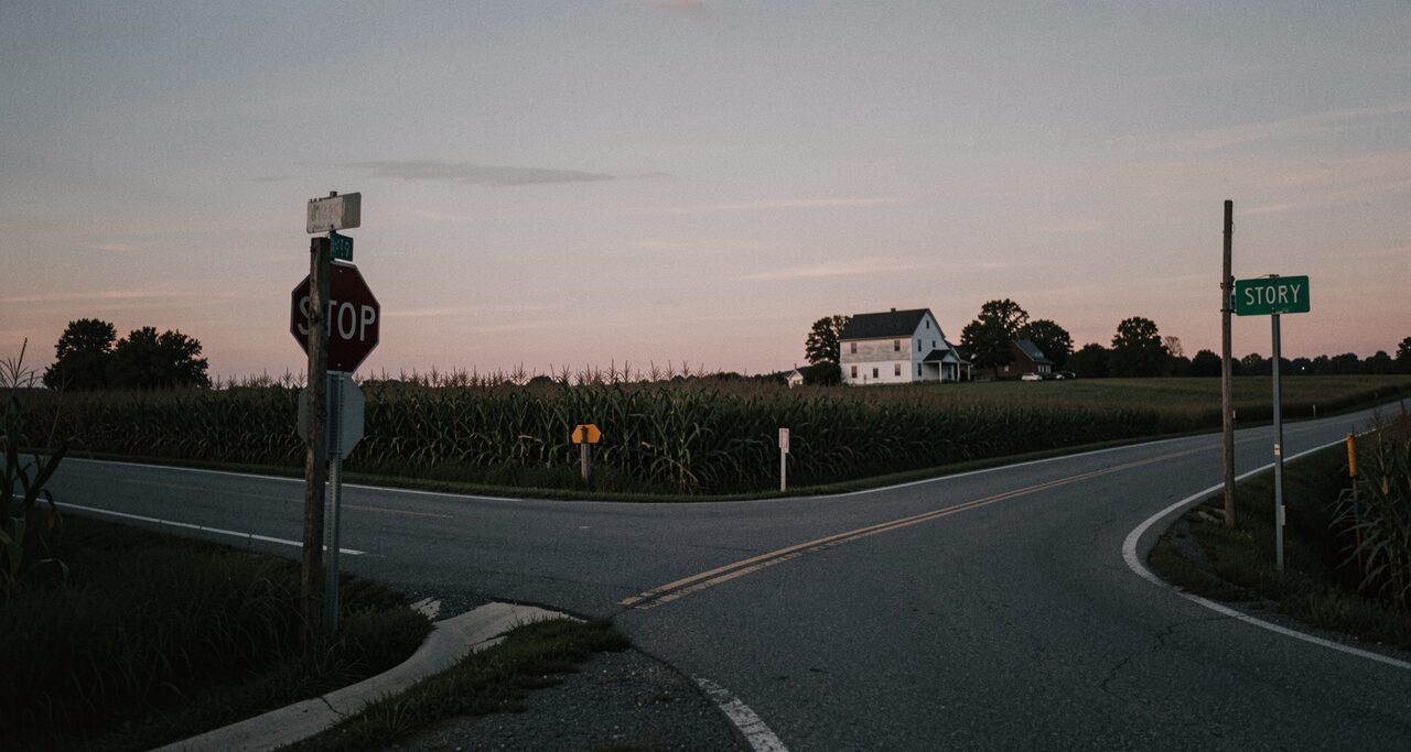 A weathered green street sign at a rural intersection, corn on every side. The creature reportedly kept a mailing address.
