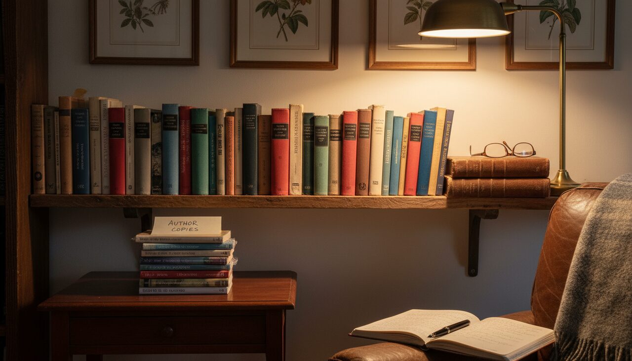 A shelf of paperbacks and hardcovers, one author's two decades of output, reading glasses resting on top.