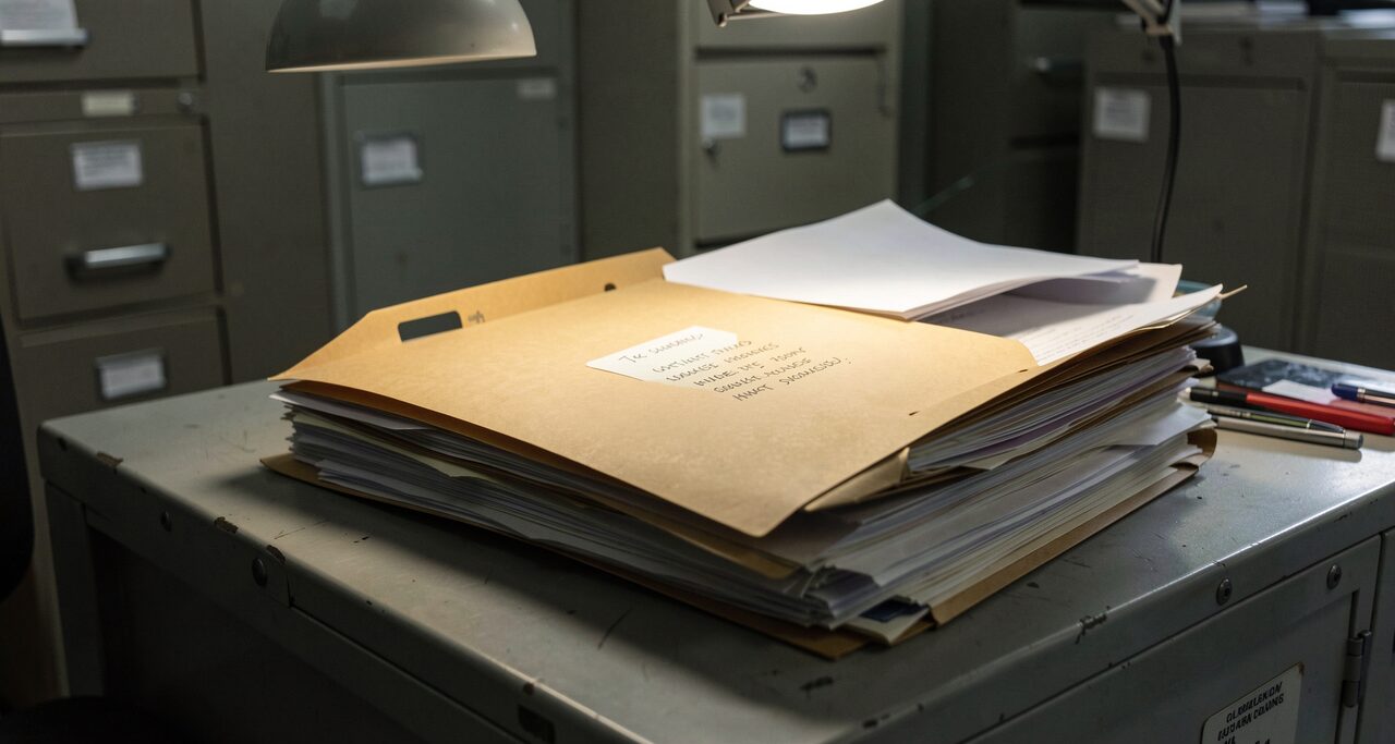 A bulging manila folder on a government-issue metal desk, filing cabinets behind it. The official record of something that has never been weighed.