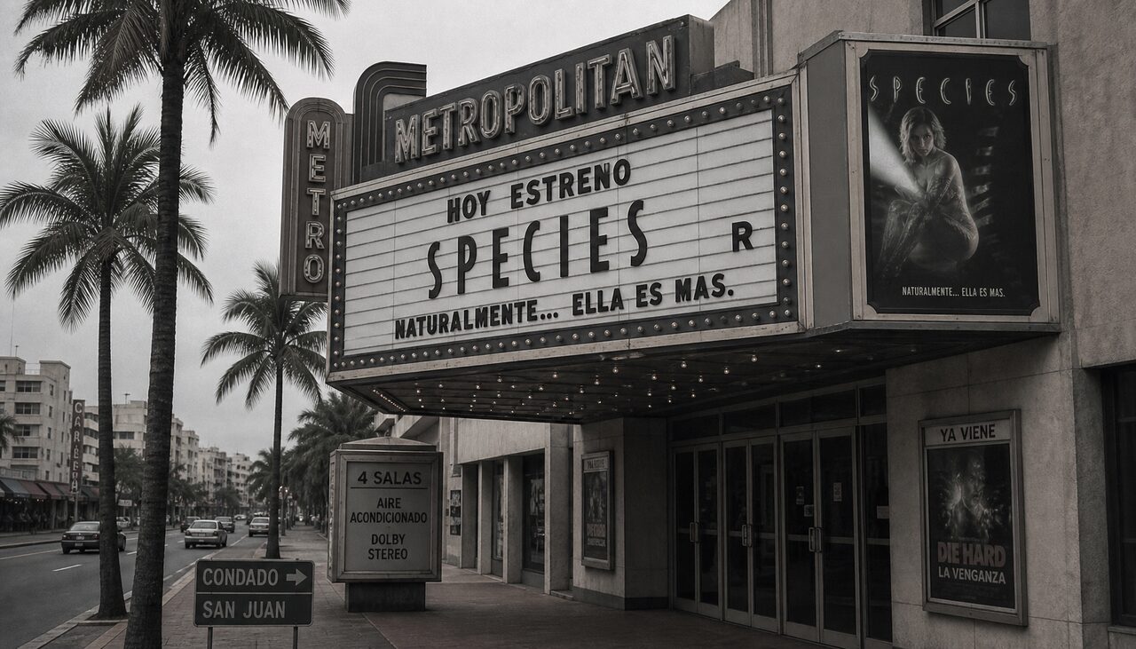 A 1995 marquee advertising *Species*. The release date is the whole argument.