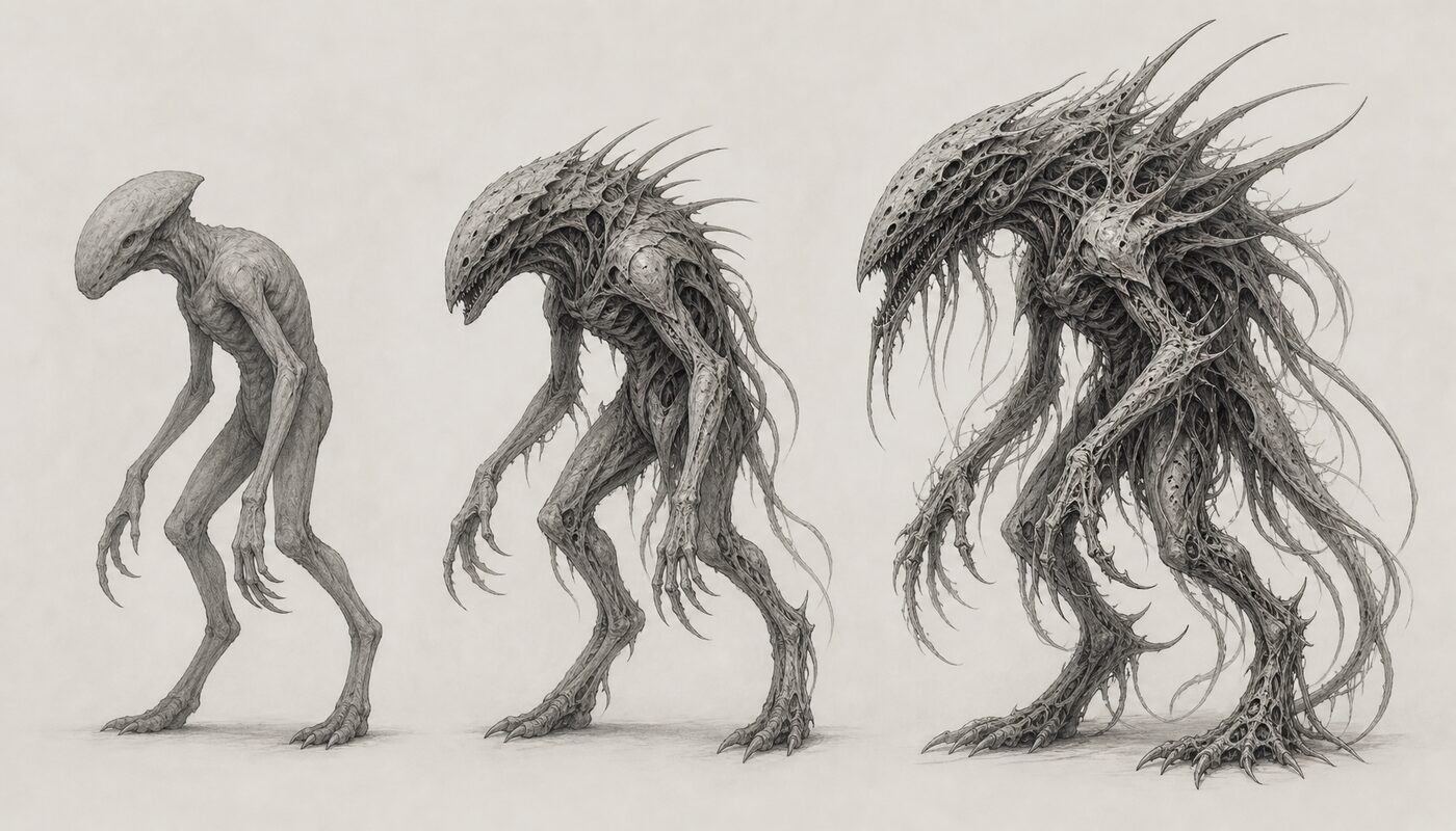 The same creature, drawn three times across the years. It gained spines and detail it never started with, and grew more alien with each pass, never less.