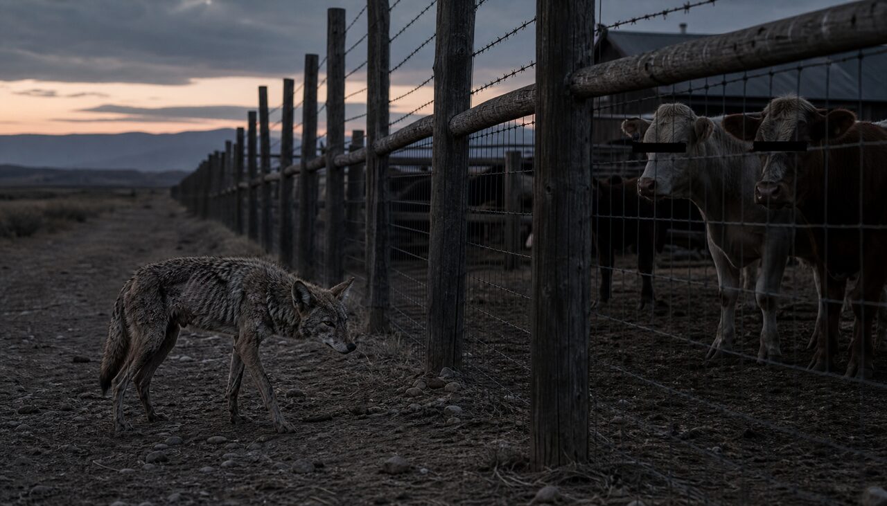 A weak coyote at the fence line. Too sick to hunt rabbits, so it works the slow prey.