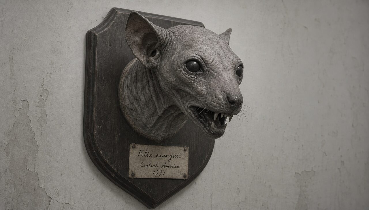 A mounted hairless head, labeled by hand. The DNA said coyote. The plaque said otherwise.