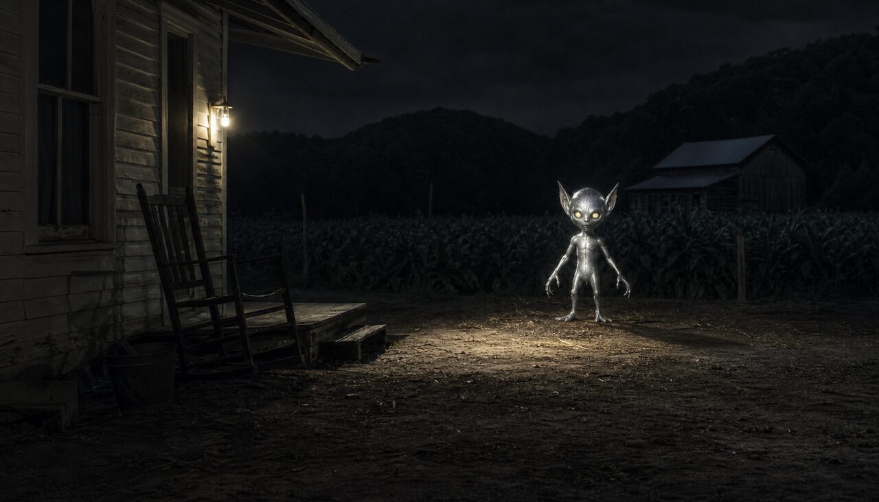 Witnesses described a figure three to four feet tall, glowing faintly silver, with its hands raised.