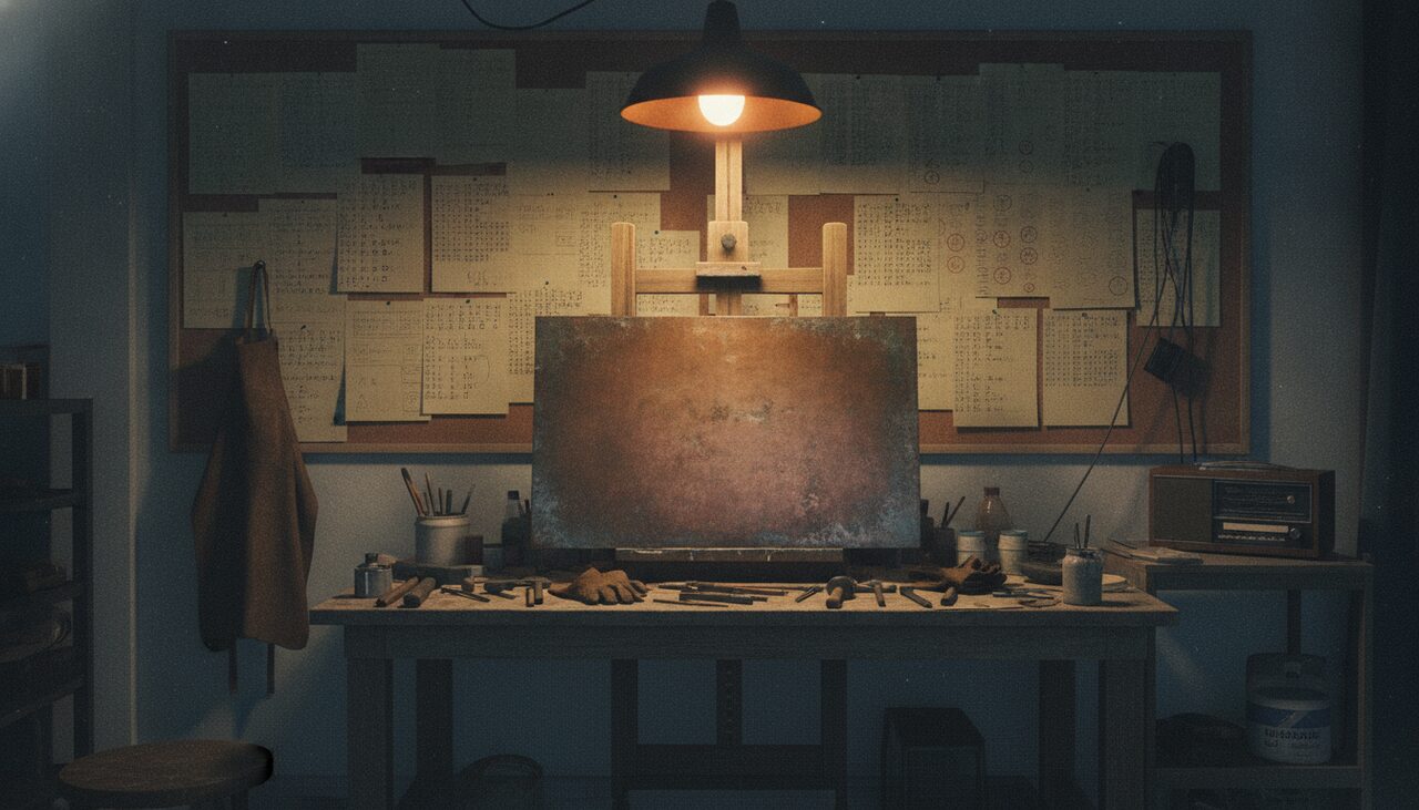 Sanborn's studio, late 1980s. The material was copper. The alphabet was borrowed from a man the agency called the Wizard of Codes.