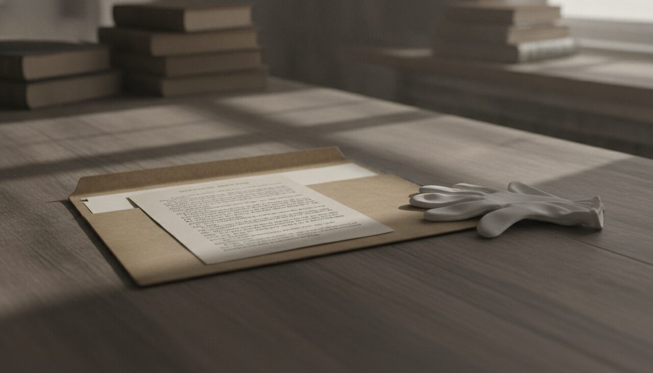 A folder, a page of typed plaintext, a cotton glove. Not a break. A lookup.