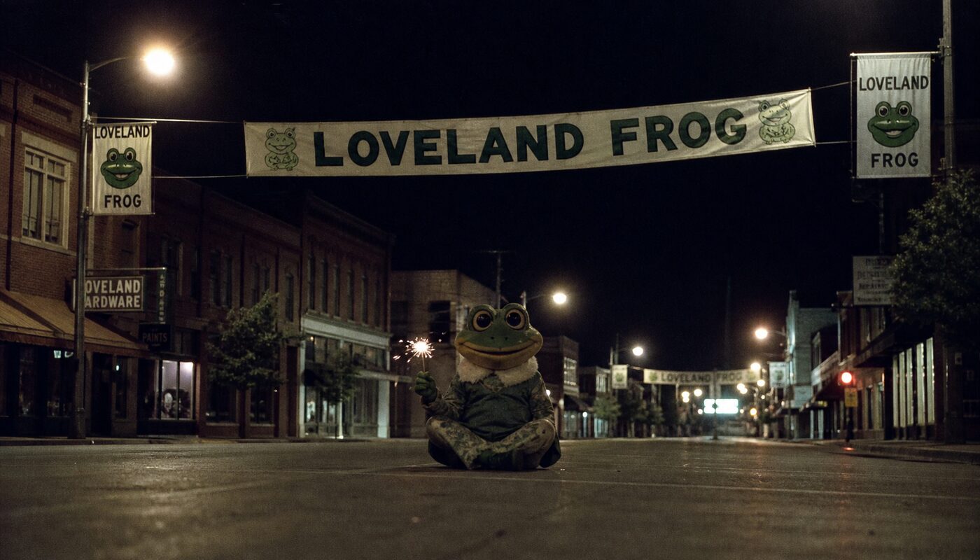 The civic version, holding the wand himself: cross-legged on the main street at one in the morning, under his own banners, the hardware store still spelling his name.
