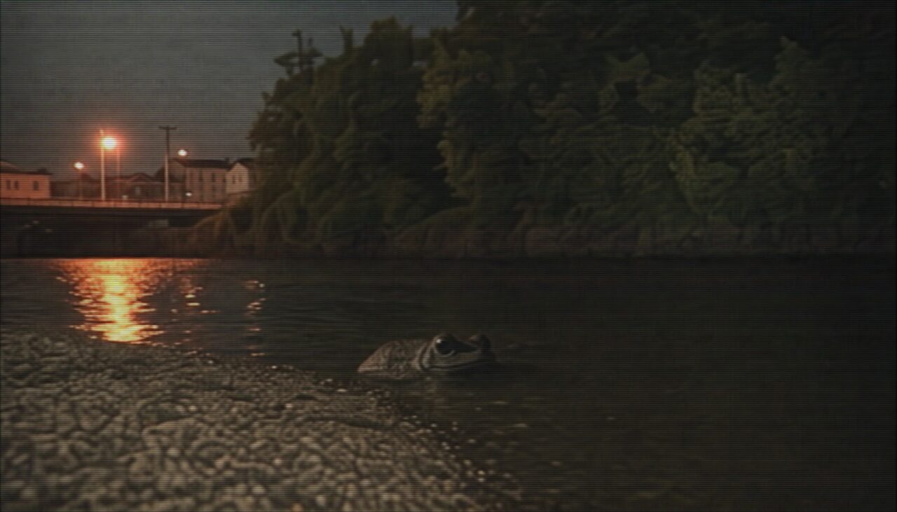 The Little Miami at night, a frog-like silhouette half-submerged and motionless at the waterline, the streetlight broken into ripples around it.