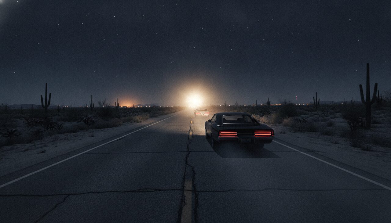 A chase car closing on a "light" that resolves, at range, into a pair of headlights on the highway to Presidio.