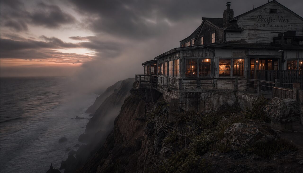 A clifftop restaurant at dusk, fog coming in off the dark water. The ghost is included in the price of the meal.