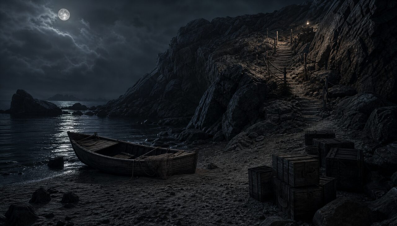 A dark cove, a beached boat, crates on the sand. The supply chain, such as it was.