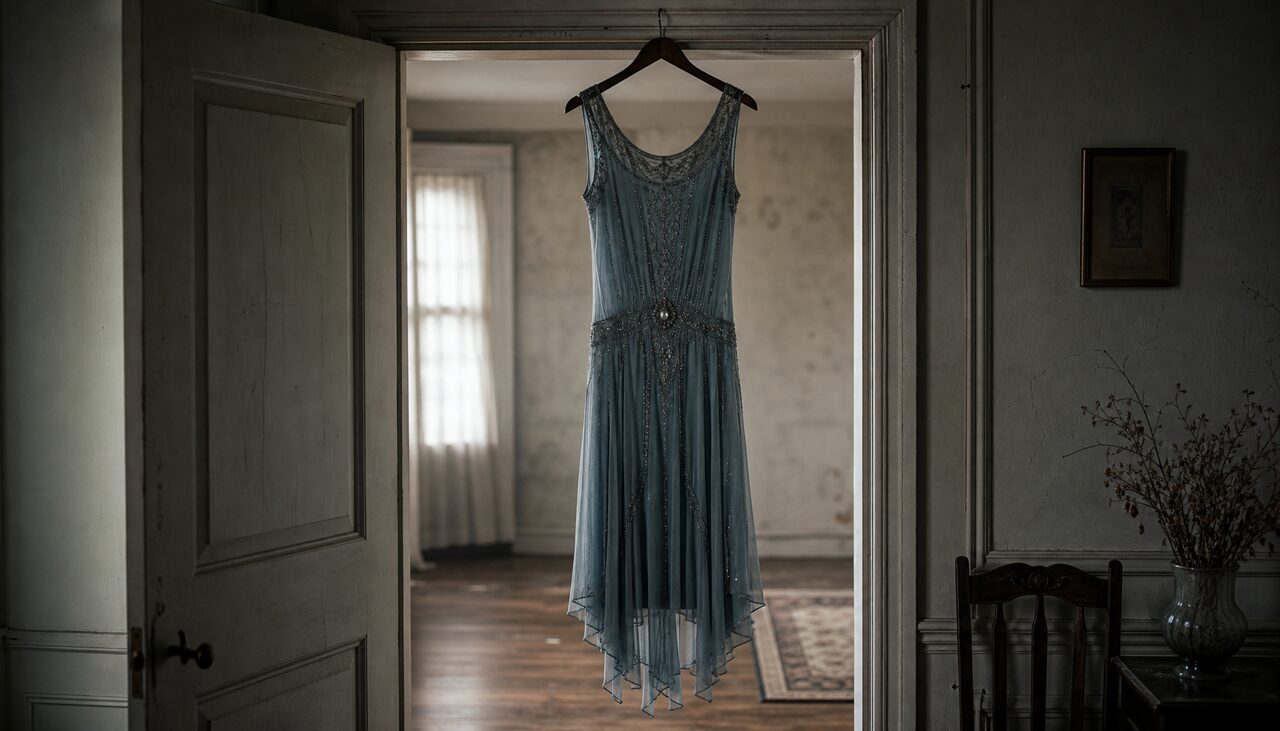 A 1920s blue dress hanging in an open doorway. Everything in the story has a costume except a person.