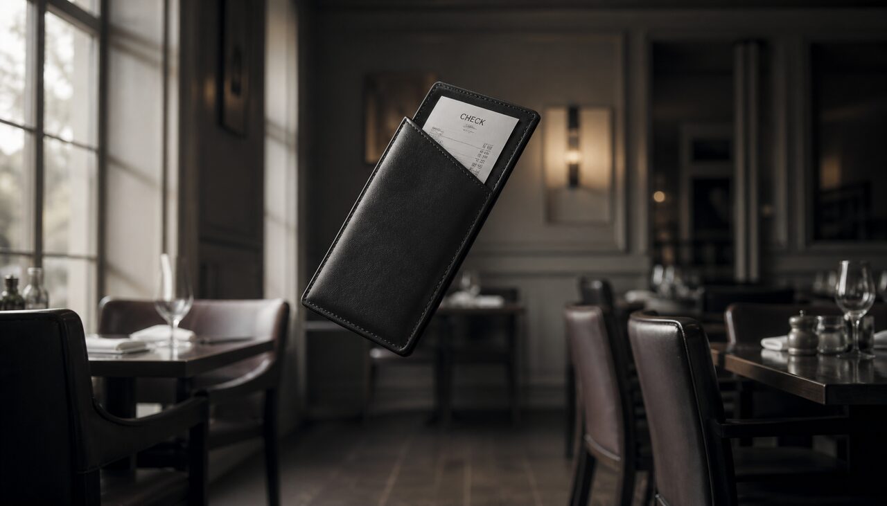 A leather check presenter caught in midair in an empty dining room. The staff could not reproduce this on request.