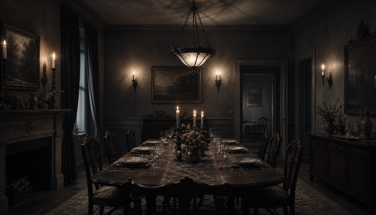 A dining room dressed for atmosphere, sconces flickering, a fixture mid-sway. Theatrical, and admitted to be.