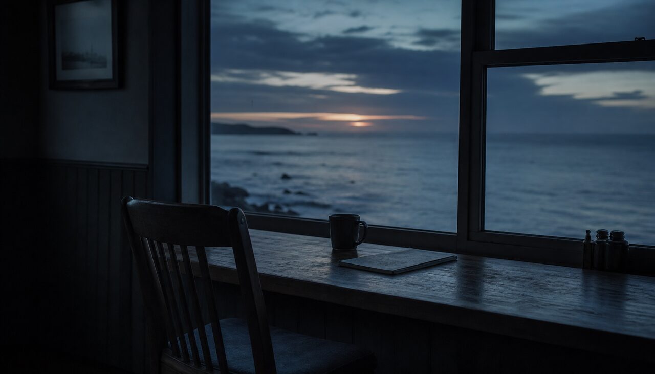 A single empty chair at a window table facing the ocean at dusk, a faint blue cast to the light. Reserved, indefinitely.