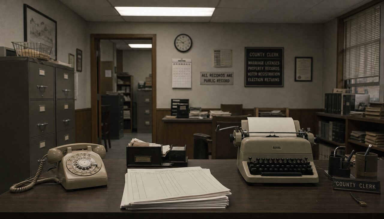 A 1990s county clerk's desk: rotary phone, blank report forms, a typewriter, and no form that fits.