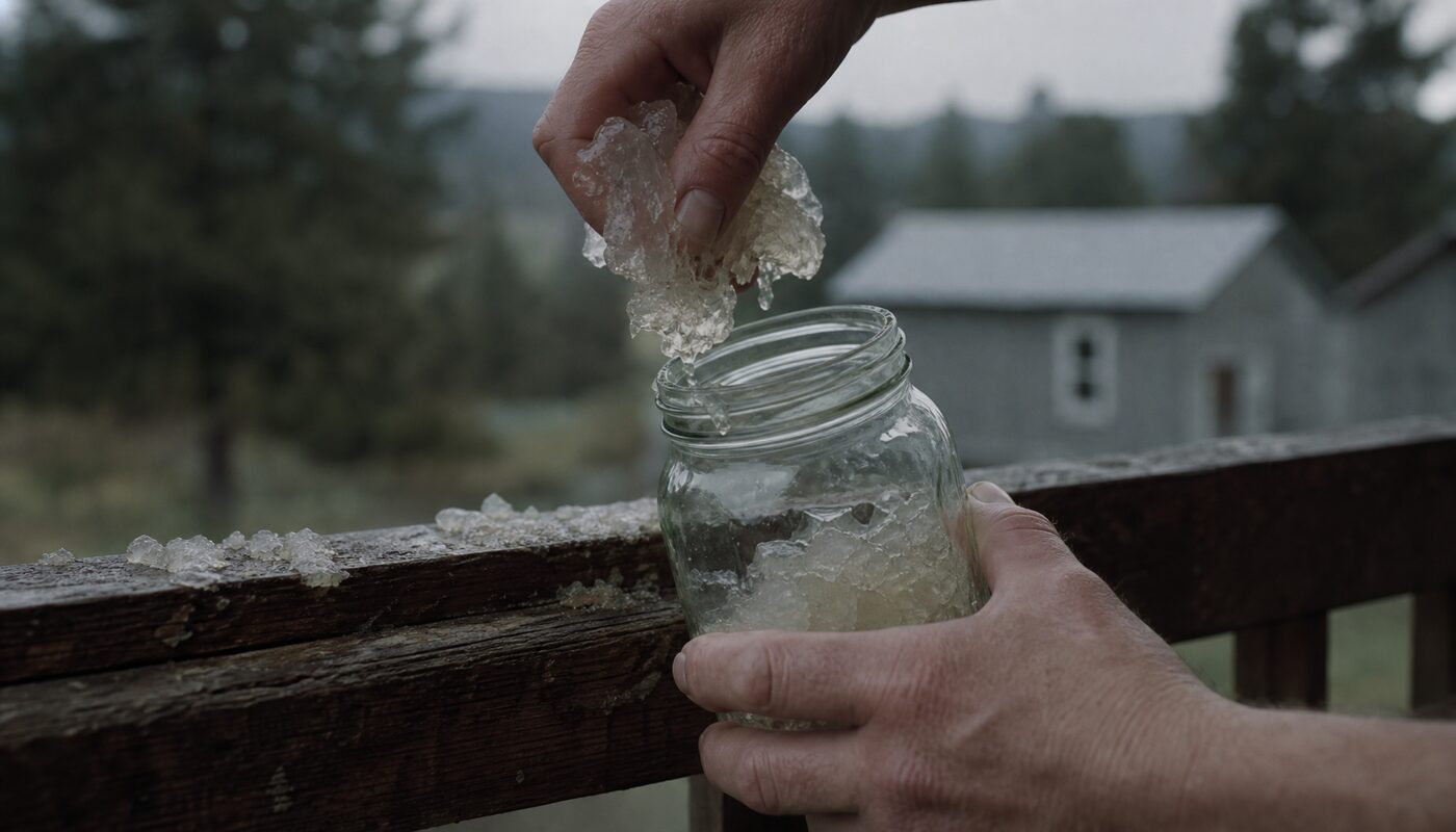 The thing itself, by the fistful, lifted out of a mason jar. A porch railing dusted with the rest of it, and no idea yet what any of it was.