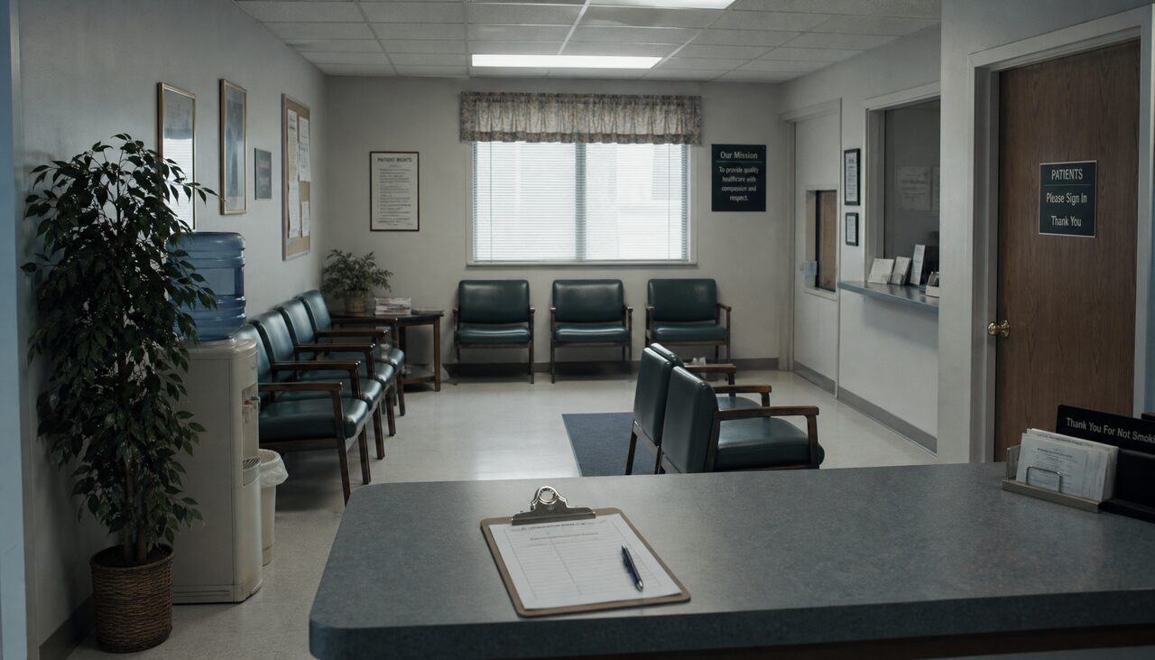 An empty 1990s small-town clinic waiting room. Vinyl chairs, fluorescent light, a sign-in clipboard.