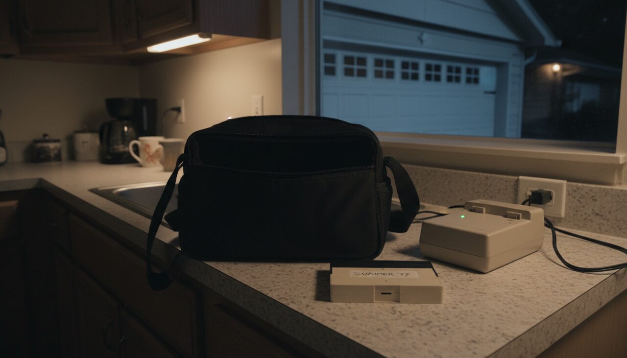 A camcorder bag on the counter, the camcorder already gone. By the time you found the tape, the first event was over.