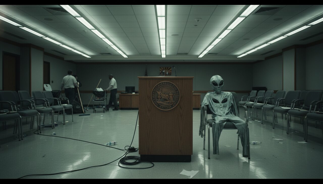 A press room clearing out, an alien costume draped over a folding chair. The chief of staff had played the part.
