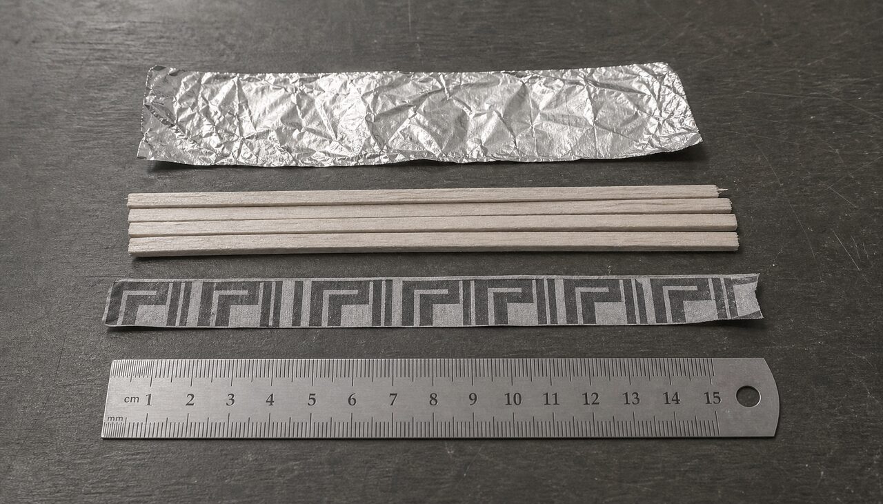 Foil, balsa, and patterned tape, laid out beside a ruler. The whole of it.
