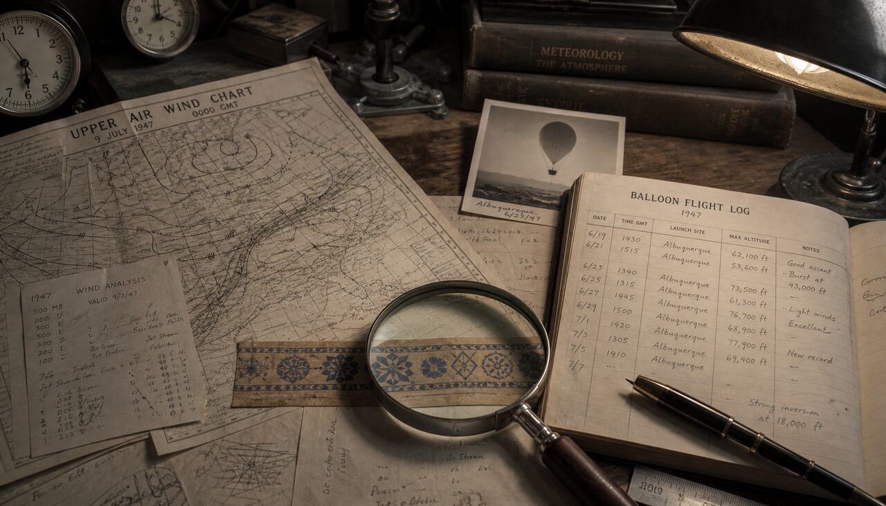 A Mogul scientist's desk: wind charts, a flight log, and a strip of decorative tape under the glass.