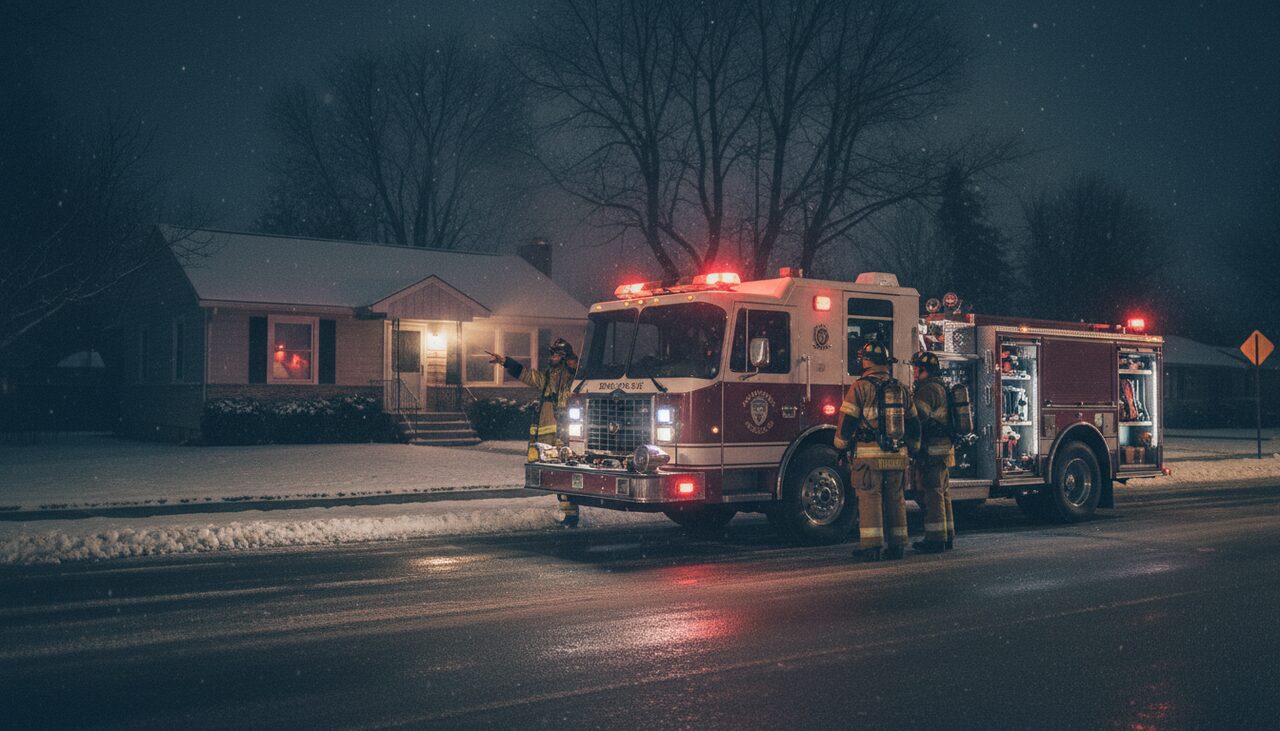 A volunteer fire engine outside the house. They confirmed the response. They found nothing to put out.
